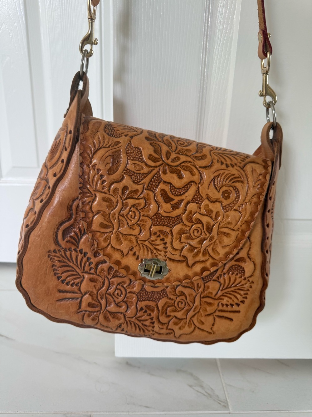 Hand-Tooled Floral Leather Crossbody Bag - Tan